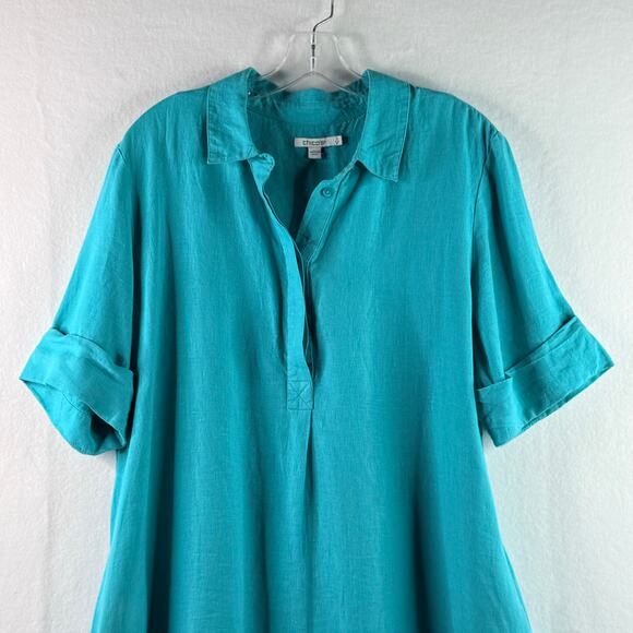 Chico's Linen Popover Shirt Dress Blue Turquoise Womens 3 XL Short Sleeve - Picture 2 of 9